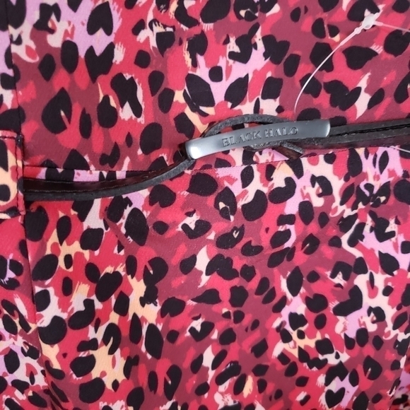 Black Halo Leopard Print Long Sleeve Belted Sheath Dress in Black & Pink - Picture 7 of 11